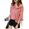 Nueva Ropa de Mujer Otoño 2026 Estilo Coreano Camisa a Cuadros con Cuello de Muñeca, Lazo y Mangas Tres Cuartos, Camisa Básica de Moda