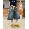 Shorts de mezclilla vintage lavados y bordados de moda estilo americano para mujer, estilo callejero de verano, casual y versátil, pantalones cortos holgados de pierna ancha y cortos
