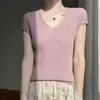 Elegante Colete de Tricô com Gola V, Mangas Curtas Plissadas, para Mulheres, Camiseta Cinza de Manga Curta para Camadas de Verão