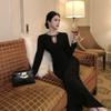 Vestido negro ligero de lujo con cintura de diamante y mangas largas para fiesta, estilo socialité transfronterizo, 2025