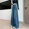 Jeans Feminino Estilo Workwear Retrô Americano com Corte Curvo, Novo Modelo Primavera e Outono 2026, Caimento Solto, Emagrecedor, Calça Wide Leg Rasgada