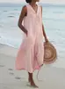 2025 Verano Exportación Color Puro Algodón Estilo Peto Ropa de Trabajo Moderna Falda Larga Cintura Holgada Cuello en V Vestido Rosa