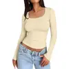 Ropa transfronteriza AliExpress Amazon para mujer, de manga larga, color liso, estilo europeo y americano, cuello cuadrado, corte ajustado, camiseta de manga larga