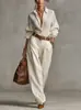 Camisa Lisa de Manga Longa Transfronteiriça Europeia e Americana Moda Casual Terno para Mulheres Verão 2026 Novo Conjunto de Duas Peças com Calça de Perna Larga