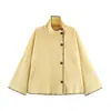Para Moda Europea y Americana Transfronteriza Aliexpress Venta Caliente Otoño Holgado Versátil Amarillo Claro Raya Diagonal Solapa Diagonal Abrigo de Lana