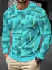 Camiseta Manga Longa Masculina - Camisa com Padrão de Grade Geométrica Preta Top Esportivo Respirável para Academia