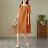 Vestido Curto de Algodão e Linho Fino Fresco 2026 Verão Feminino Simples Cor Sólida Solto Tamanho Grande Esconde Barriga Gola Redonda Saia Média