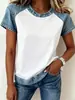 Camiseta de Retazos Estilo Western de Moda con Cuello Redondo y Mangas Cortas, Top con Bloques de Color, Ropa Retro para el Día a Día, Versátil para Festivales de Música para Mujer