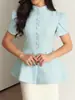 Amazon Cross-border 2026 Nova Moda Europeia e Americana Elegante Temperamento Cor Sólida Gola Alta Botão Manga Curta Cintura Alta Camisa Roupas Femininas