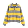 Moda de Otoño 2025 Versátil Cuello Polo Rayas en Contraste Tejido de Punto Ajuste Holgado Adelgazante Suéter Casual de Punto