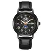 Reloj de Cuarzo para Hombre con Fase Lunar, Esfera de la Tierra Números Romanos Calendario 3 Ojos Correa de Cuero Negro Reloj de Pulsera de Negocios