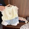 Chaleco de Verano para Niñas Bebé Elegante Infantil Personalizado Moderno Marca Estilo Coreano Encaje Bordado Rayado Camiseta sin Mangas