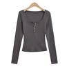 2024 Principios de Otoño Nuevo Hombro Cintura Alta Ajustada Cuello Medio Abierto Camiseta de Manga Larga para Mujer Cuello U Clavícula Camiseta Básica Interior