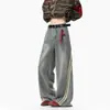Jeans Scimitar Patchwork Listrado Retro Americano Marca Tendência Lavado Desgastado Perna Larga Reta Calças Masculinas Tendência