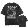 Camiseta Negra Lavada Estilo Hip Hop Streetwear con Gráfico de Anime Japonés