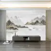 Novo estilo chinês pintura a tinta paisagem parede de fundo de TV mural sala de estar sofá quarto papel de parede moderno minimalista filme e televisão Tecido de parede