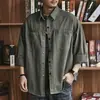 Camisa de Trabalho Lavada Estilo Retrô Americano Masculina Primavera Outono Solta Manga Longa Gola Lapela Bolsos Grandes Jaqueta Camisa Casual Marca Tendência