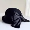 Estilo de Celebridad Sombrero de Cuenca de Lana Enrollada con Lazo Grande para Mujer Invierno Elegante Elegante Sombrero de Fieltro Británico Versátil Sombrero Cálido