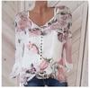 2023 Novo Outono Ebay Popular Camisa Estampada de Manga Comprida Amazon Decote V Top com Botões Camisa de Chiffon