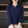 Coleção Outono 2025 Transfronteiriça Malha de Algodão Gola Polo Manga Três Quartos Feminina Solta Emagrecedora Camisa Base