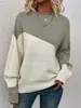 Suéter Feminino Europeu e Americano para Comércio Exterior Transfronteiriço Casual Malha Solta Cor Blocada Amazon Manga Longa Gola Redonda Top de Tricô