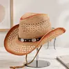 Sombrero vaquero de paja tejida con diseño calado estilo retro americano para hombre y mujer, sombrero vaquero versátil para protección solar de verano