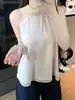 Blusa Regata Patchwork Elegante Estilo Francês com Gola Alta e Detalhe de Fita, Sem Mangas, para Mulheres, Peça de Verão, Corte Justo, Emagrecimento, Ombro a Ombro