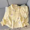 Nuevo conjunto de pijama cárdigan con cuello de muñeca y estampado de nubes, manga larga, pantalón largo, simple, sexy y dulce, ropa de estar suave