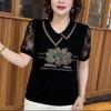 Dropshipping Moda de Verano para Mediana Edad y Adultas Mayores Casual Holgada Camiseta con Pedrería Elegante Encaje Bordado Adelgazante Manga Corta Mujer
