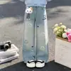 Moda Feminina Hoodie Doce com Gola Laço Jeans de Perna Larga Versátil Casual Conjunto de Duas Peças para Meninas Primavera e Outono