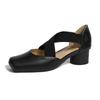 Zapatos de Ballet de Cuero Genuino Sandalias Huecas Ropa Exterior de Verano para Mujer Retro Cuadrado Tacón Grueso Boca Baja Zapatos Mary Jane