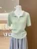 Foto Real~Suéter de Tricô com Gola Lapela de Manga Curta Verde Limão para Mulheres, Top Fino e Versátil Emagrecedor - Verão 2026