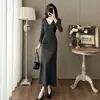 Impresionante vestido de punto de invierno para mujer, entallado en la cintura, adelgazante, elegante, adecuado para llevar debajo de un abrigo, vestido de cuello en V