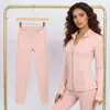 Conjunto de jaqueta com gola alta e calça cropped da marca LULU DF, em estoque, entrega direta, justo, respirável, elástico, com zíper dourado
