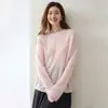 Suéter de Cashmere Feminino com Gola Redonda em Renda de Agulha e Laço Redondo, Comprimento Médio, Estilo Solto, Fresco e Suave, Pulôver, Top Versátil