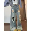 Jeans rasgados de estilo high street americano para mulheres, novas calças de verão vintage de cintura alta retas largas que emagrecem com pernas largas