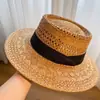 Chapéu de palha feminino, chapéu de verão, tecido à mão, estilo preguiçoso, com nicho vazado, protetor solar, jeans, aba plana e parte superior côncava