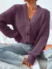 Suéter de punto de manga larga para comercio exterior transfronterizo, color liso, cuello de botonadura única, cárdigan de punto para otoño e invierno, chaqueta de moda versátil de corte holgado para mujer