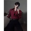 Camisa de Color Borgoña Estilo Abstinencia Delgada de Gama Alta para Hombre de Manga Larga Primavera y Otoño de Seda de Hielo Suelta con Caída Camisa Chaqueta