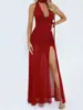 Moda Outono Nova Cor Sólida Estilo Elegante Vestido Bodycon Sexy com Fenda Costas Decote V Profundo e Cintura Marcada Vestido Longo