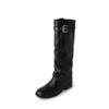 Botas de Cano Alto Estilo Coreano Slim Fit Perna Estreita Inverno 2025 Espessas Salto Médio Bico Redondo Fivela de Cinto Couro Genuíno