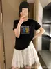 Camiseta de Algodón Acanalado para Mujer, Top de Manga Corta Ajustado, Estilo Veraniego, Suministro Directo del Fabricante, Impresión Digital Directa