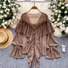 2026 Verano Estilo Perezoso Elegante Socialité Adorno de Volantes Manga Acampanada Camisa de Gasa Blusa Holgada para Comercio Exterior Comercio Electrónico Transfronterizo