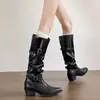 Botas Femininas Plissadas de Cano Largo 2026 Outono/Inverno Novo Estilo Salto Bloco Bico Fino Cano Largo Cano Alto Botas Longas Cáqui