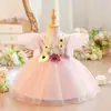 Vestido de Princesa de Malla Esponjosa con Mangas Cortas Voladoras y Aplicaciones para Niñas, Estilo Nuevo Transfronterizo, Vestido de Un Año, Ropa de Actuación para Niños de Jardín de Infancia
