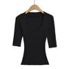 7665-25 Nuevo Estilo Otoño Estilo Europeo y Americano Mangas Tres Cuartos Cuello Redondo Grande Cintura Elástica Ajustada Camiseta Interior Superior Camiseta