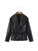 ¡Pedido de Comercio Exterior! Chaqueta Abrigo de Cuero PU Estilo Retro Europeo y Americano para Mujer con Solapas Grandes, Cinturón, Hombreras y Decoración de Cremallera
