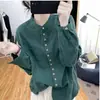 Camisa de Manga Larga de Algodón y Lino con Cuello Alto para Mujer, Estilo Coreano Literario Retro, Diseño para el Trabajo, Holgada, Primavera y Verano 2025
