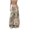 Jeans de camuflaje con bordado de rama de letra desgastada vintage americano, pantalones rectos de pierna ancha versátiles unisex