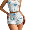 Verano Europeo y Americano 2024 Tejido de Canalé Estampado de Corazones Sentido del Diseño Dulce Camisola Shorts Pura Tentación Pijama para Mujeres